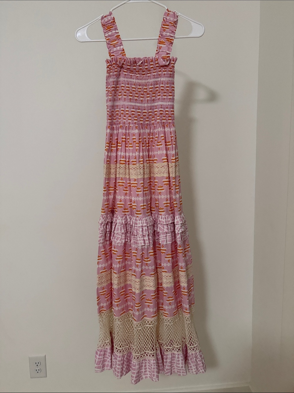 CHIC! Smocked Pink & Orange Tiered Maxi Dress with Crochet Trim